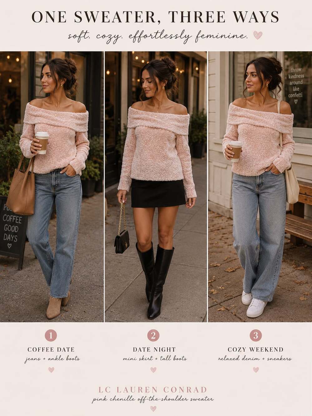 LC Lauren Conrad Pink Chenille Off Shoulder Foldover Sweater